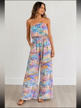 NWT Free Destinations Strapless Palazzo Beach AOP Flowy Vacation Pastel XL